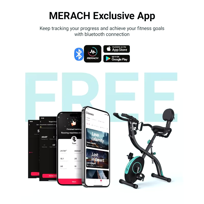 MERACH Folding Exercise Bike, 4 in 1 Magnetic Stationary Bike for Home with 16-Level Resistance, Exclusive APP, 300LB Capacity