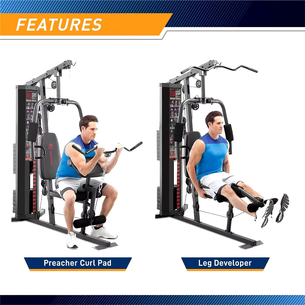 Dual Functioning Body Fitness Workout 150 Pound Stack Home Gym System with Adjustable Preacher Curler Pad and Overhead