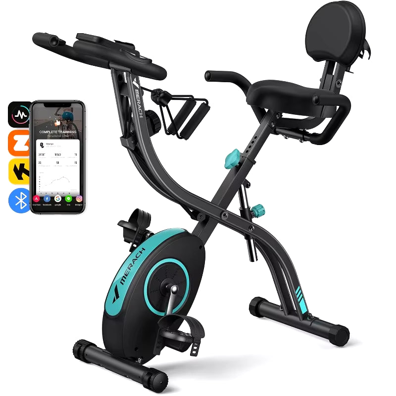 MERACH Folding Exercise Bike, 4 in 1 Magnetic Stationary Bike for Home with 16-Level Resistance, Exclusive APP, 300LB Capacity