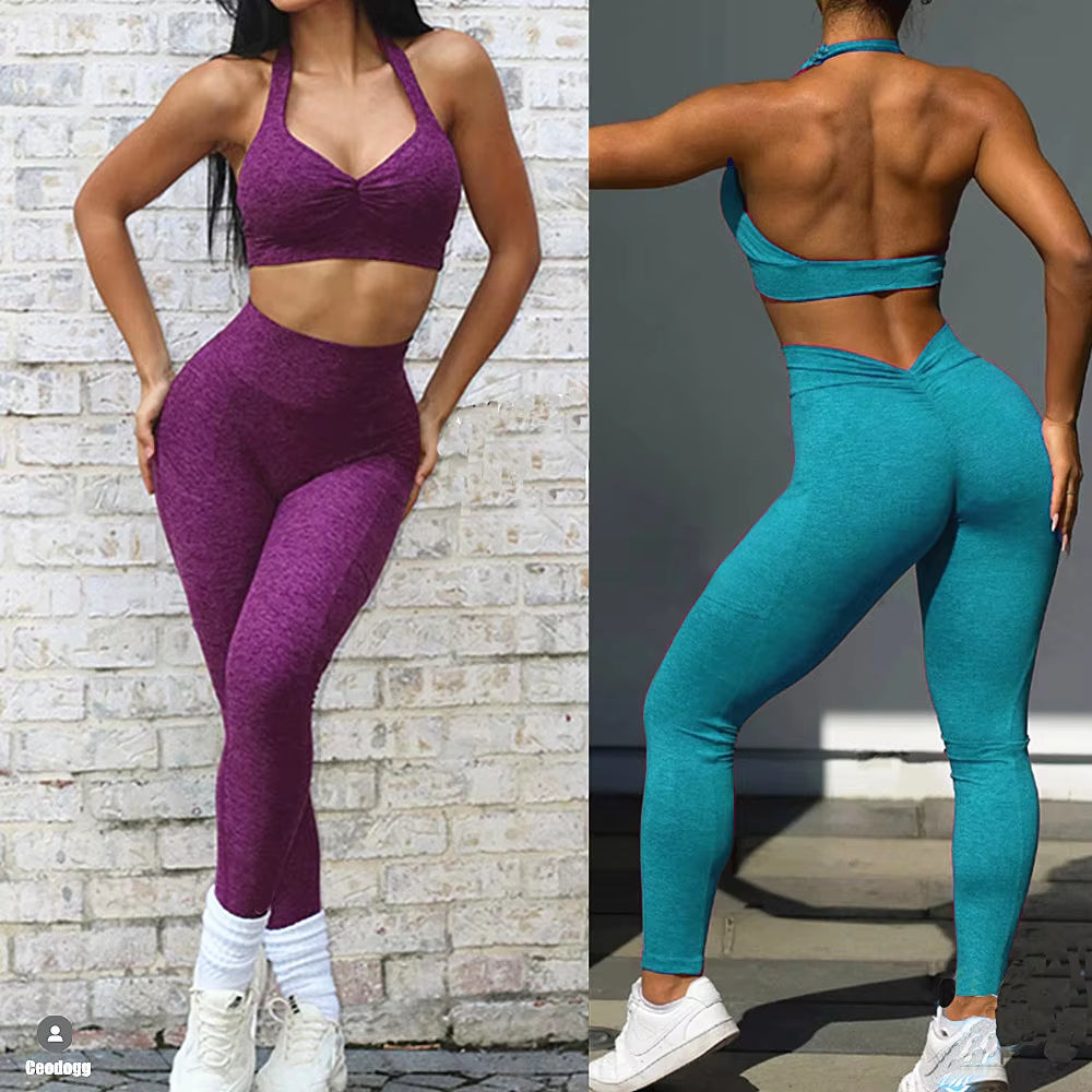 2024 1/2PCS V Back Lycra Pad Pocket Halter Sport Bra Yoga Set Squat Proof Scrunch Legging Workout Pant Gym Fitness Active Suits