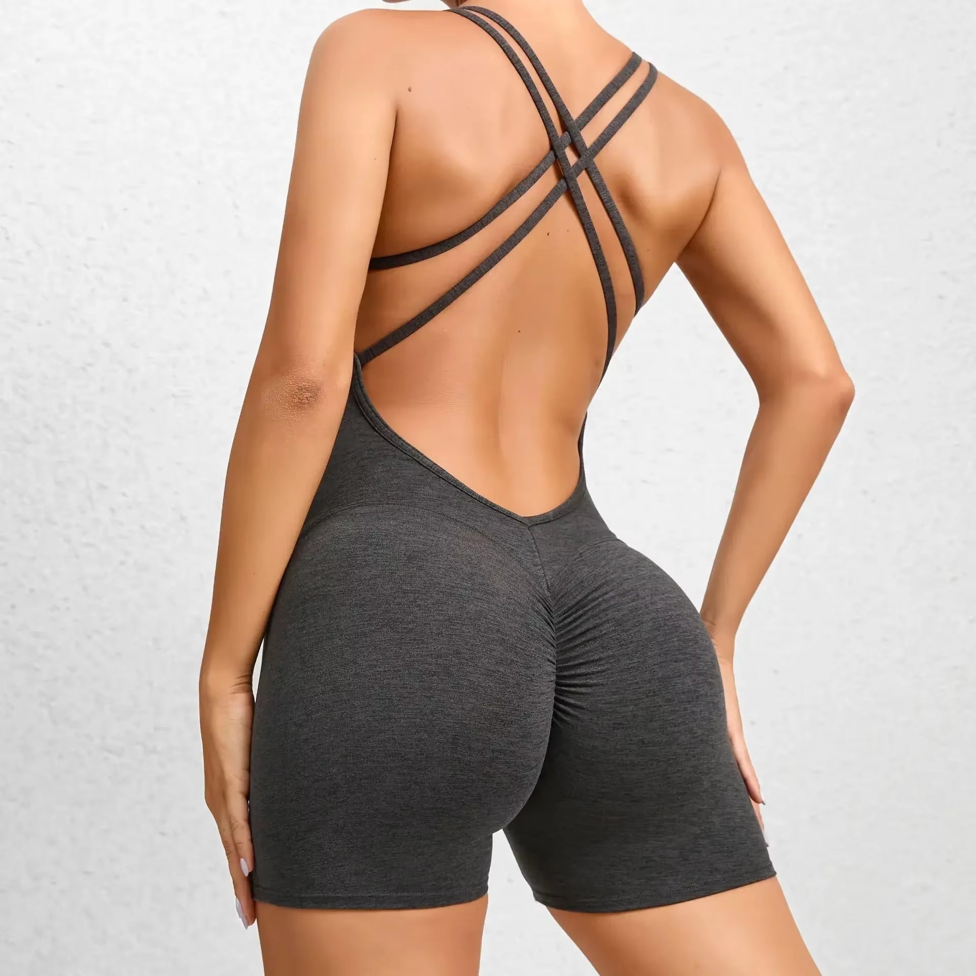 Sexy Backless Scrunch Sporty Tight Jumpsuit Raises Butt Playsuit Women Romper Summer Gym Fitness Short Overalls One Pieces Set