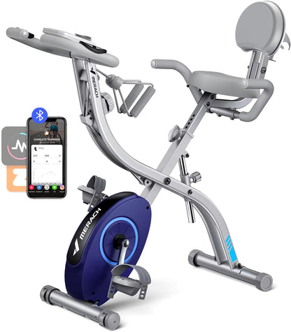 MERACH Folding Exercise Bike, 4 in 1 Magnetic Stationary Bike for Home with 16-Level Resistance, Exclusive APP, 300LB Capacity