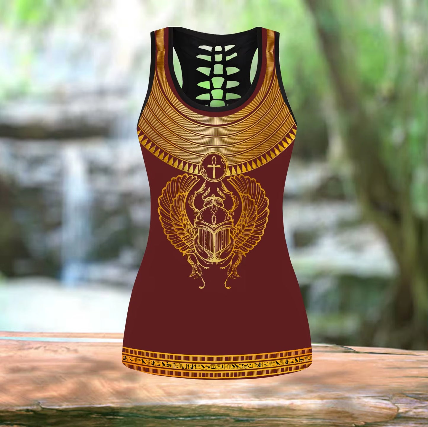 Khepri Rising Ancient Egyptian 3D Printed Hollow Tank Top & Leggings Set Fitness Female Full Length Leggings Yoga Pants LKB-15