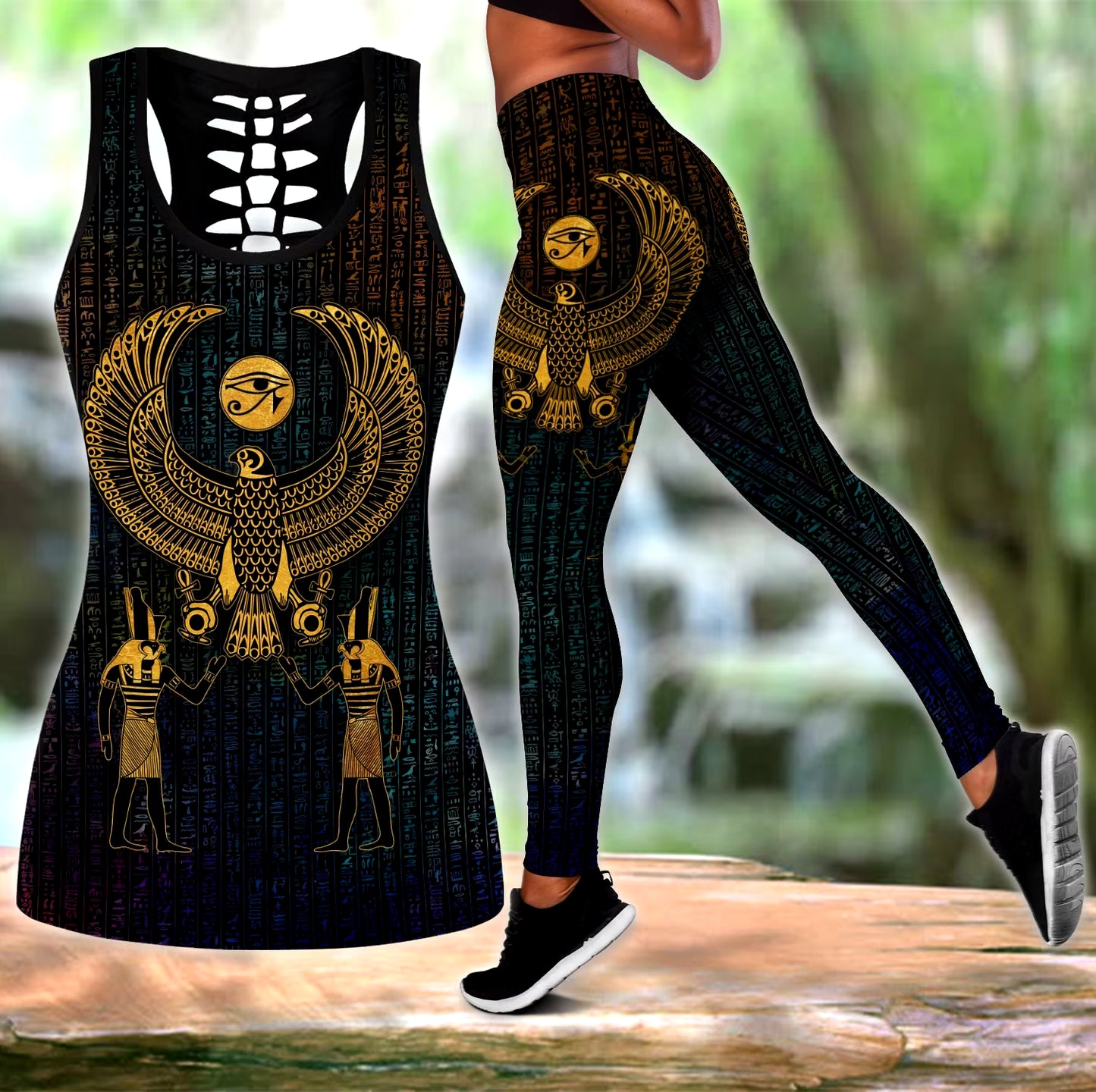 Horus Eye Egypt Anubis Ancient 3D Printed Hollow Tank Top & Leggings Set Fitness Female Full Length Leggings Yoga Pants LKB-23