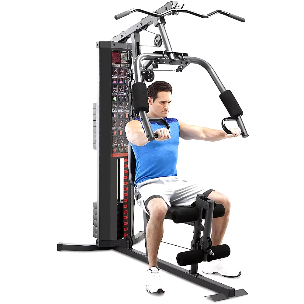 Dual Functioning Body Fitness Workout 150 Pound Stack Home Gym System with Adjustable Preacher Curler Pad and Overhead