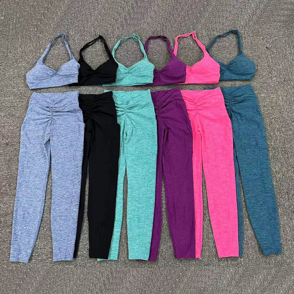 2024 1/2PCS V Back Lycra Pad Pocket Halter Sport Bra Yoga Set Squat Proof Scrunch Legging Workout Pant Gym Fitness Active Suits