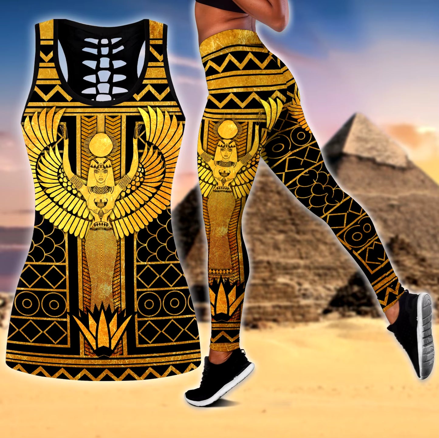 Queen of Egyptian Tattoos 3D Printed Hollow Tank Top & Leggings Set Fitness Female Full Length Leggings Yoga Pants LKB-16