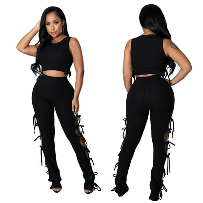 Solid Hollow Out Lace Up Sleeveless Two Piece Matching Set (BLACK)