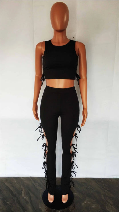 Solid Hollow Out Lace Up Sleeveless Two Piece Matching Set (BLACK)