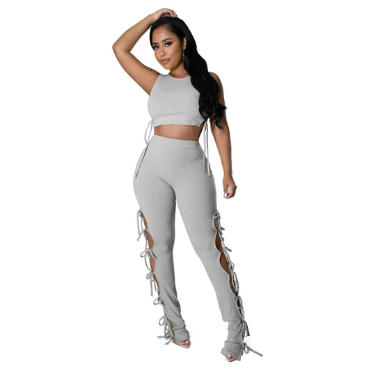 Solid Hollow Out Lace Up Sleeveless Two Piece Matching Set  (GREY)