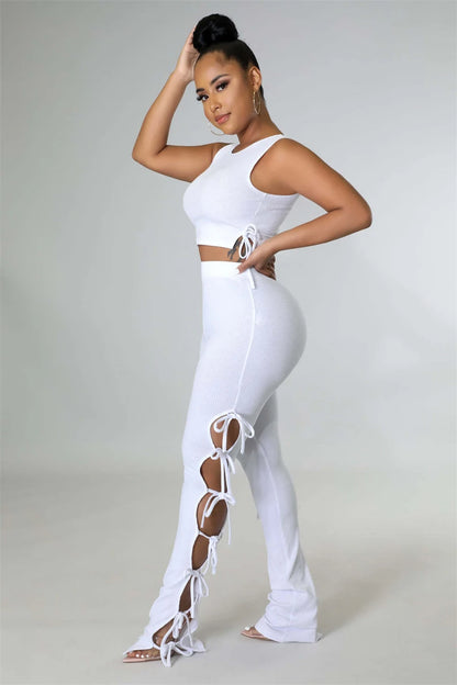 Solid Hollow Out Lace Up Sleeveless Two Piece Matching Set  (WHITE)