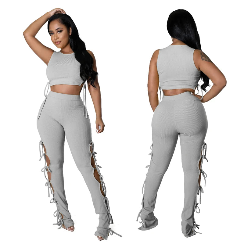 Solid Hollow Out Lace Up Sleeveless Two Piece Matching Set  (GREY)