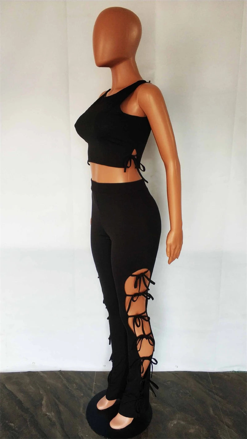 Solid Hollow Out Lace Up Sleeveless Two Piece Matching Set (BLACK)