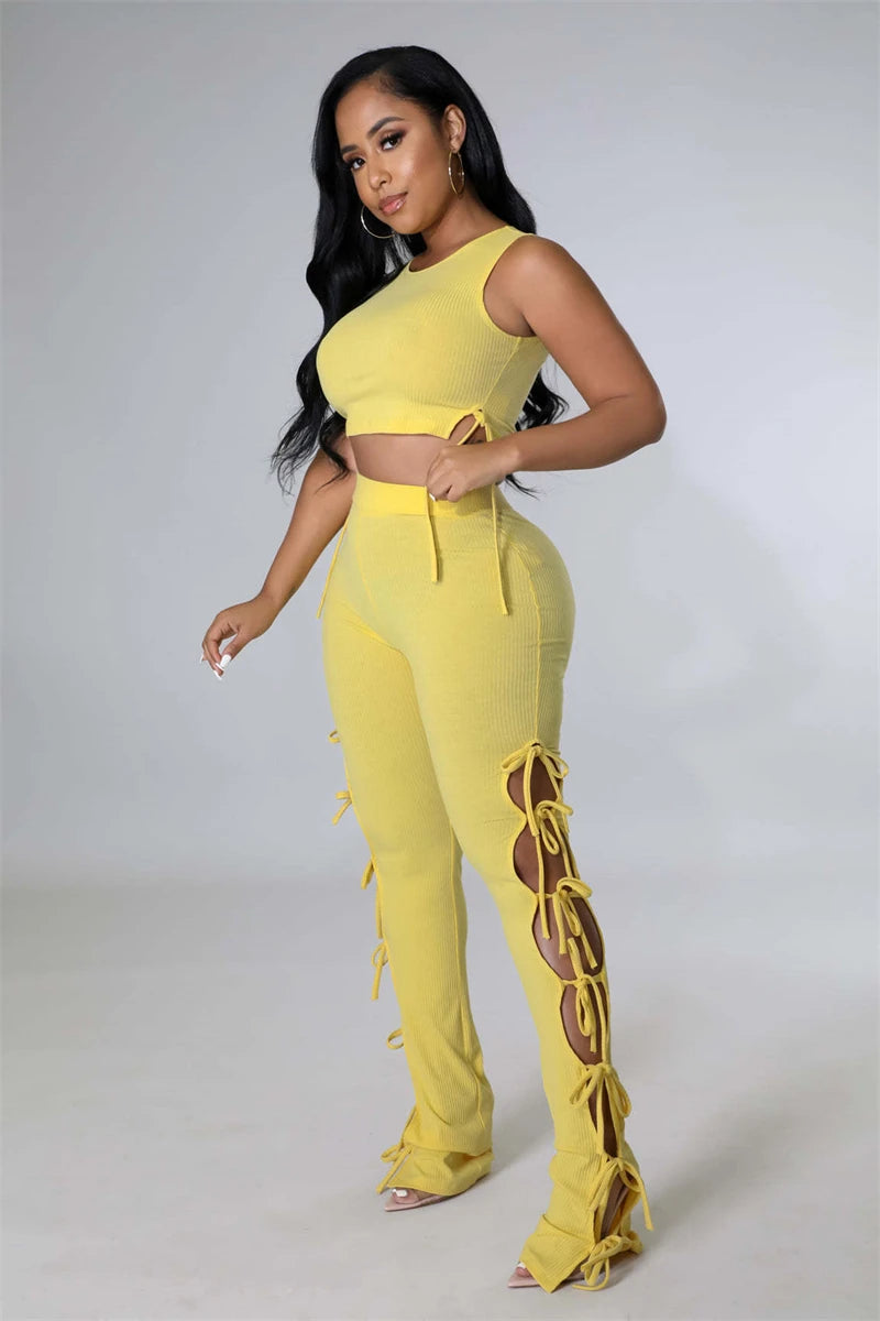 Solid Hollow Out Lace Up Sleeveless Two Piece Matching Set  (YELLOW)