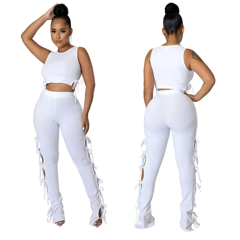 Solid Hollow Out Lace Up Sleeveless Two Piece Matching Set  (WHITE)