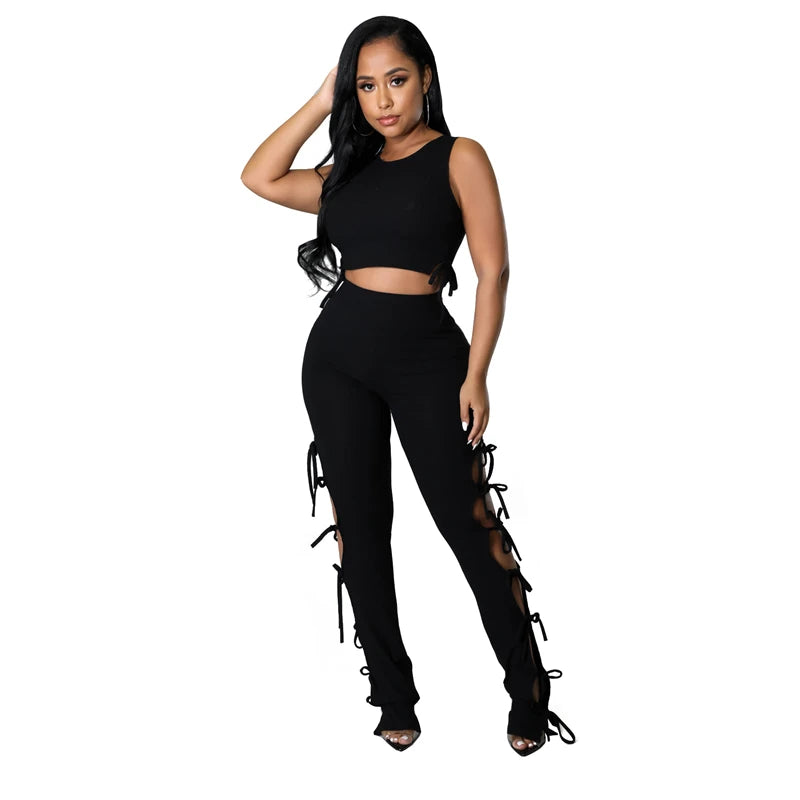 Solid Hollow Out Lace Up Sleeveless Two Piece Matching Set (BLACK)