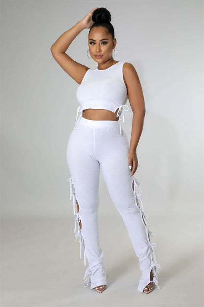 Solid Hollow Out Lace Up Sleeveless Two Piece Matching Set  (WHITE)