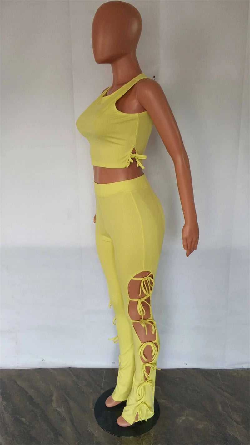 Solid Hollow Out Lace Up Sleeveless Two Piece Matching Set  (YELLOW)