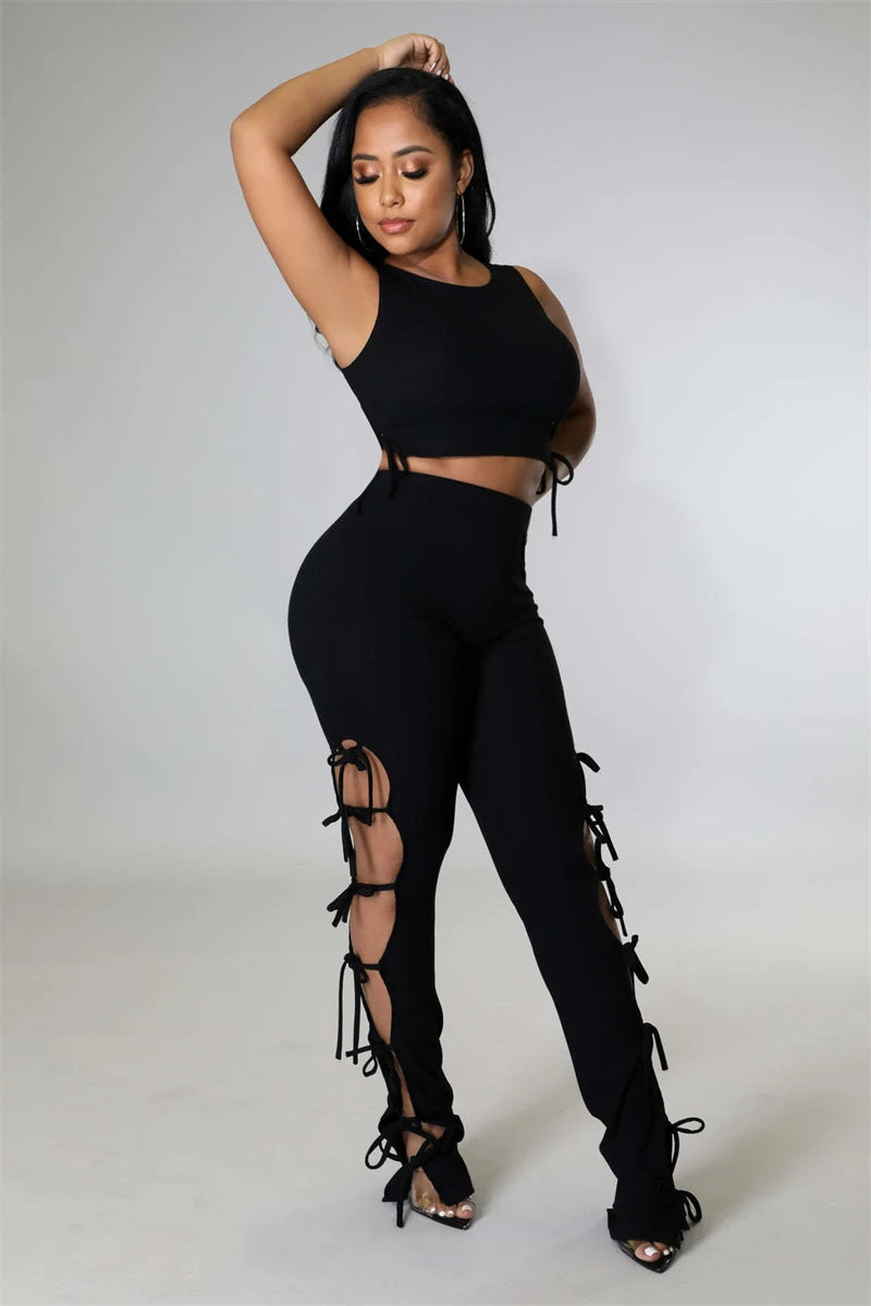 Solid Hollow Out Lace Up Sleeveless Two Piece Matching Set (BLACK)