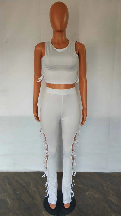 Solid Hollow Out Lace Up Sleeveless Two Piece Matching Set  (WHITE)