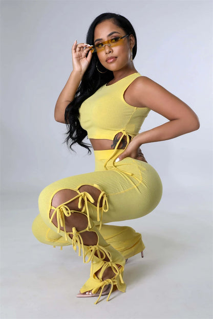 Solid Hollow Out Lace Up Sleeveless Two Piece Matching Set  (YELLOW)