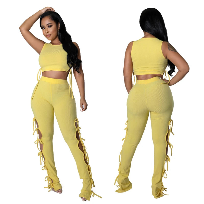 Solid Hollow Out Lace Up Sleeveless Two Piece Matching Set  (YELLOW)