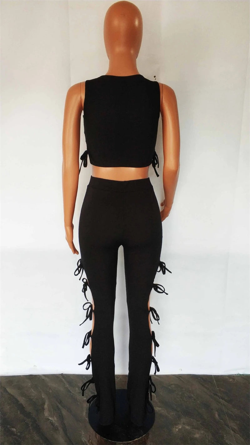 Solid Hollow Out Lace Up Sleeveless Two Piece Matching Set (BLACK)