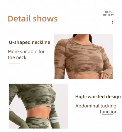 Seamless Camo Long Sleeve Cropped Top high Waist, Two-piece Set