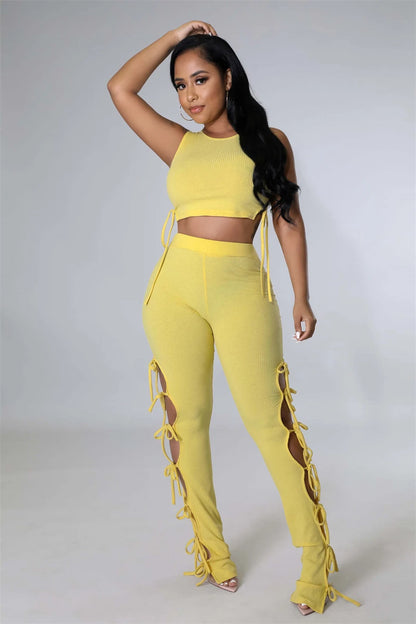 Solid Hollow Out Lace Up Sleeveless Two Piece Matching Set  (YELLOW)