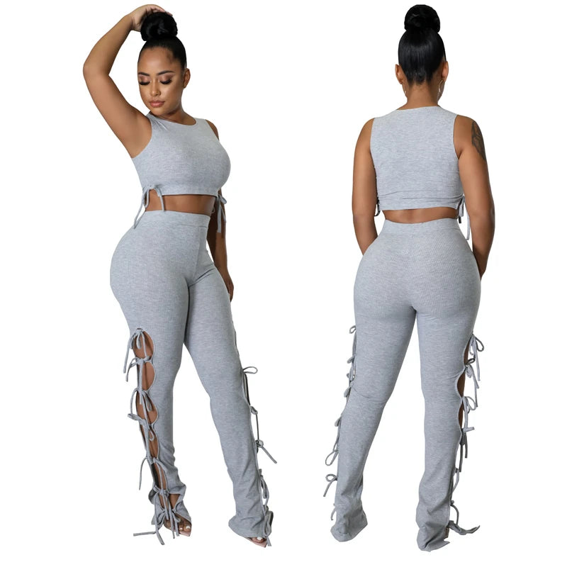 Solid Hollow Out Lace Up Sleeveless Two Piece Matching Set  (GREY)