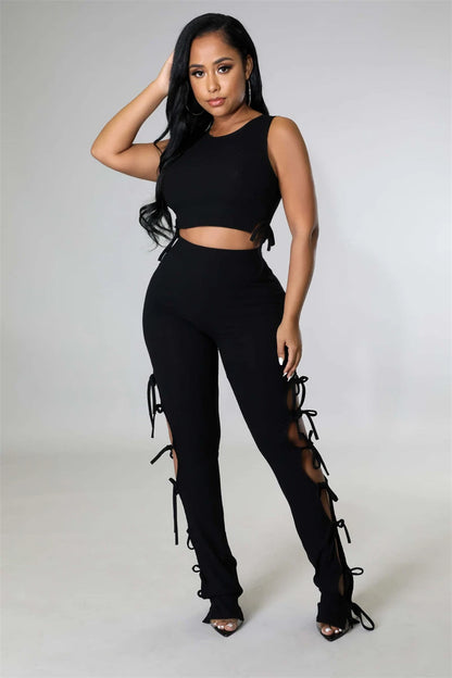 Solid Hollow Out Lace Up Sleeveless Two Piece Matching Set (BLACK)