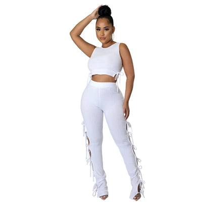 Solid Hollow Out Lace Up Sleeveless Two Piece Matching Set  (WHITE)