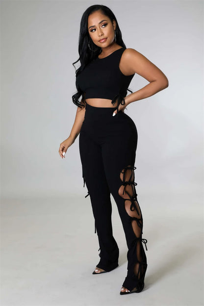 Solid Hollow Out Lace Up Sleeveless Two Piece Matching Set (BLACK)