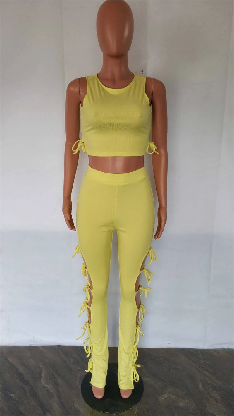 Solid Hollow Out Lace Up Sleeveless Two Piece Matching Set  (YELLOW)