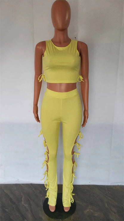 Solid Hollow Out Lace Up Sleeveless Two Piece Matching Set  (YELLOW)