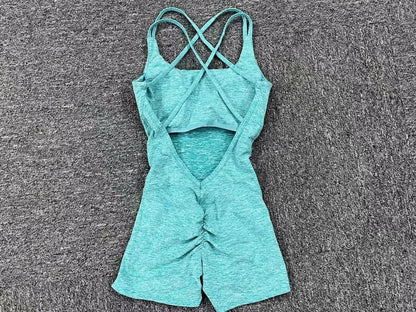 Sexy Backless Scrunch Sporty Tight Jumpsuit Raises Butt Playsuit Women Romper Summer Gym Fitness Short Overalls One Pieces Set