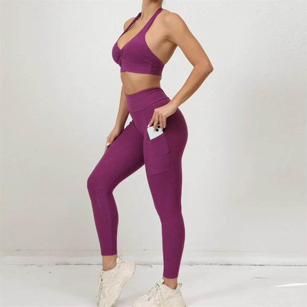 2024 1/2PCS V Back Lycra Pad Pocket Halter Sport Bra Yoga Set Squat Proof Scrunch Legging Workout Pant Gym Fitness Active Suits