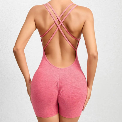 Sexy Backless Scrunch Sporty Tight Jumpsuit Raises Butt Playsuit Women Romper Summer Gym Fitness Short Overalls One Pieces Set