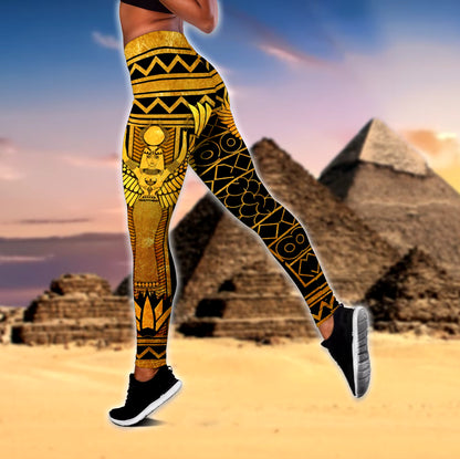 Queen of Egyptian Tattoos 3D Printed Hollow Tank Top & Leggings Set Fitness Female Full Length Leggings Yoga Pants LKB-16