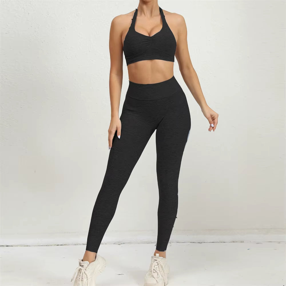 2024 1/2PCS V Back Lycra Pad Pocket Halter Sport Bra Yoga Set Squat Proof Scrunch Legging Workout Pant Gym Fitness Active Suits