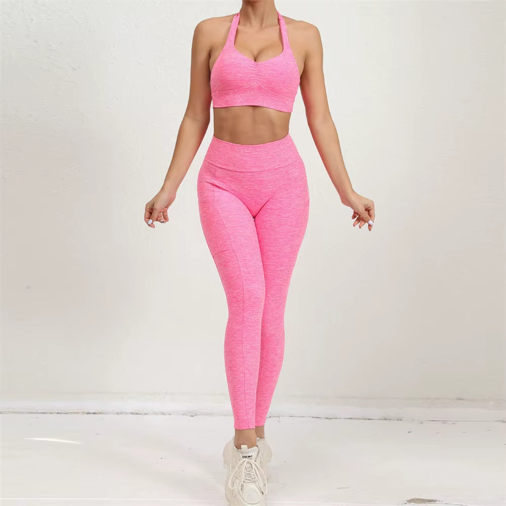 2024 1/2PCS V Back Lycra Pad Pocket Halter Sport Bra Yoga Set Squat Proof Scrunch Legging Workout Pant Gym Fitness Active Suits