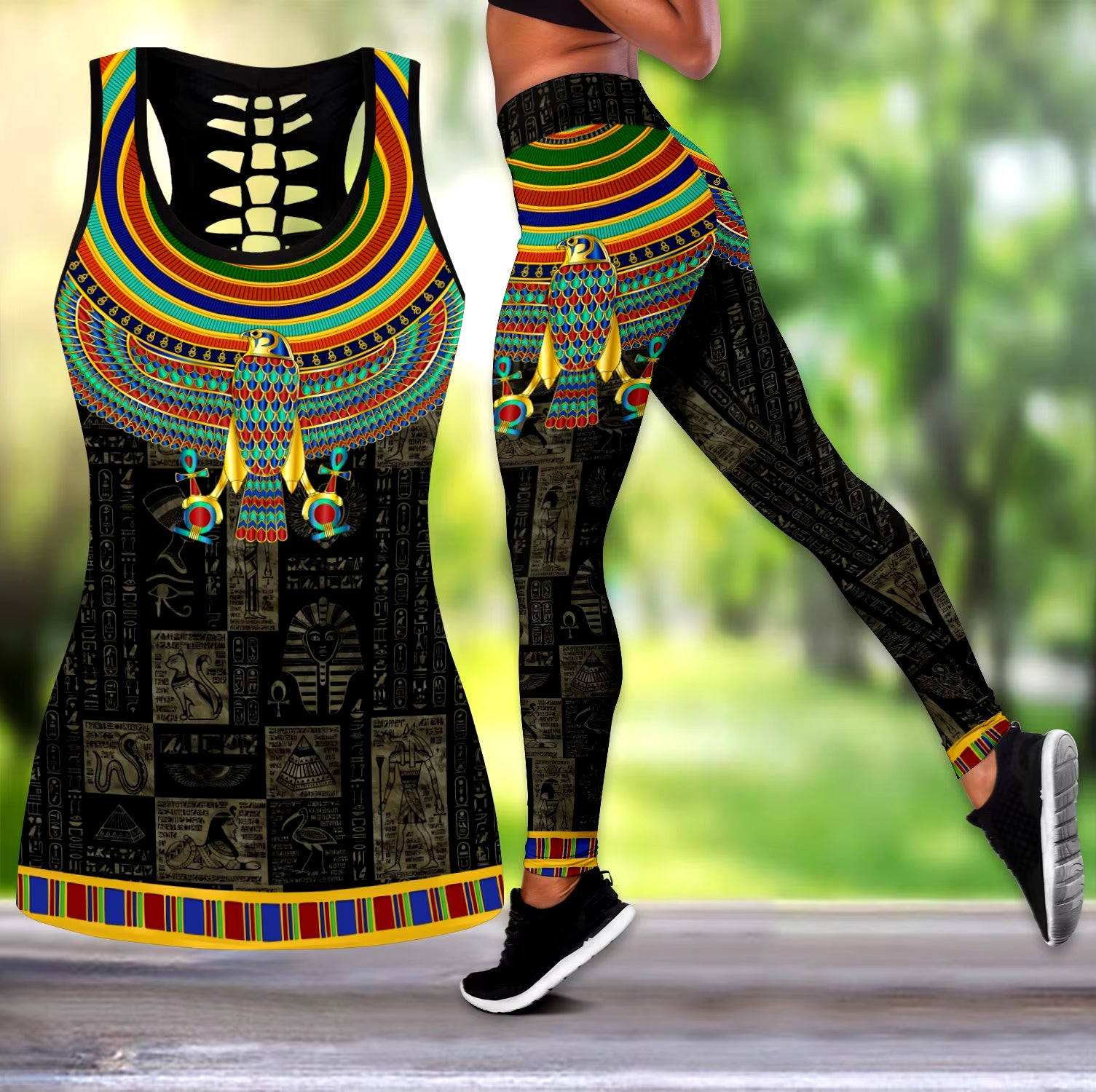 Egypt Eagle God Tattoos 3D All over Printed Women Hollow Tank Top & Leggings Set Sexy Elastic Female Skinny Leggings LKB-01